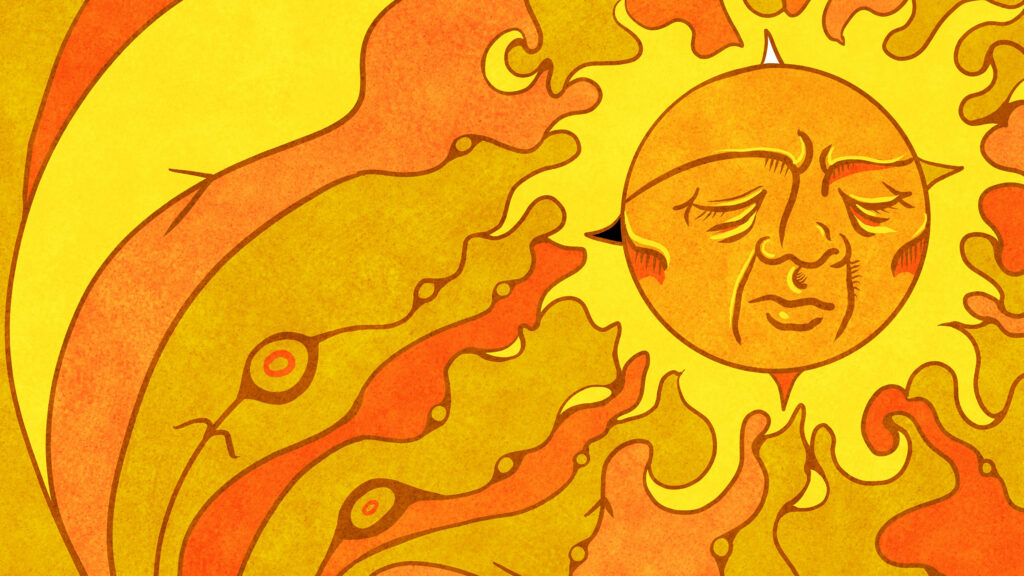 illustration of an orange and yellow blazing sun with a face, eyes closed, and a hand reaching up toward it